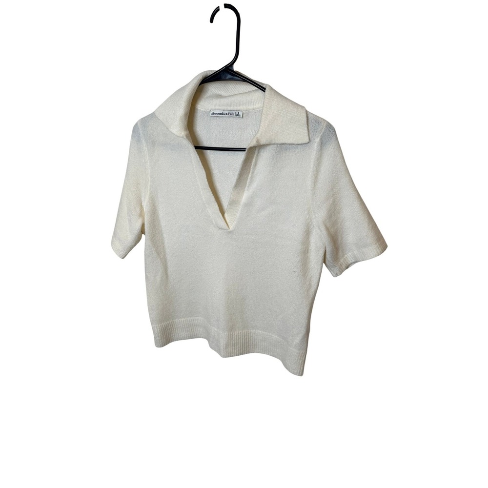 Abercrombie & Fitch Cream Short Sleeve Polo Sweater V-Neck Knit Top Small